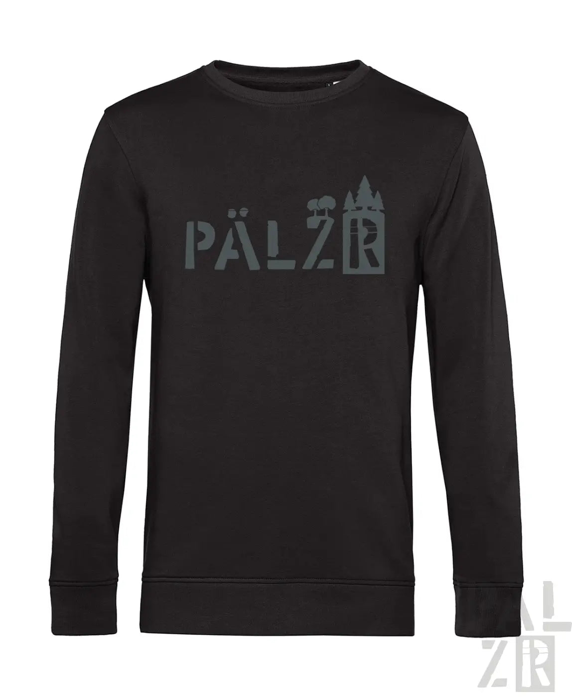 Schwarzer Pullover mit Pelzr mit Burgen-Design auf der Vorderseite.