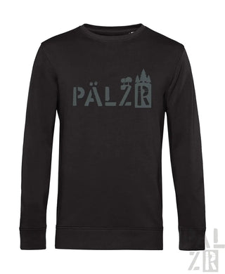 Schwarzer Pullover mit Pelzr mit Burgen-Design auf der Vorderseite.