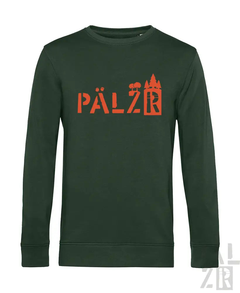 Grünes Crewneck-Sweatshirt mit orangem ’pälzr’-Logo und Burgen-Silhouetten-Design.