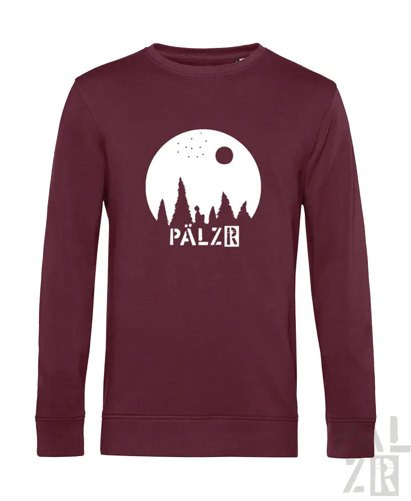 Bordeauxfarbener Sweatshirt mit weißem ’pálzr’-Logo und Silhouette von Bäumen vor einem Mond-Design.