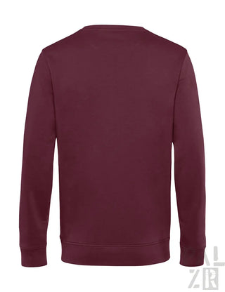 Bordeauxfarbene Rundhals-Schweißjacke mit gerippten Bündchen und Saum, wahrscheinlich aus Baumwolle oder Polyester-Mischung gefertigt.