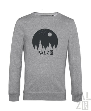 Grauer Hoodie mit schwarzem ’palzr’-Logo und Baumdesign.