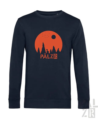 Marineblaues Sweatshirt mit orange-weißem Design, das eine Silhouette von Bäumen vor dem Mond zeigt, markiert mit ‚palzr‘ in fetten Buchstaben.