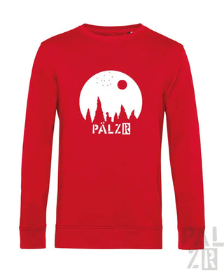 Rotes Bio-Baumwoll-Sweatshirt mit ’pálzr’-Design, das eine Silhouette von Bäumen und Sonne zeigt.