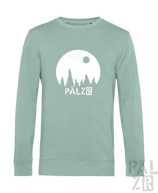 Münzgrüner Bio-Baumwoll-Sweatshirt mit ’palzb’-Logo und Silhouetten-Design.