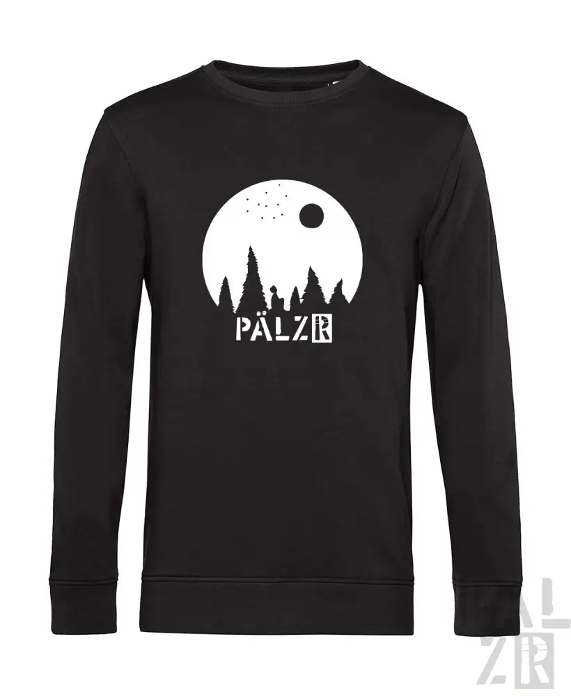 Schwarzes Sweatshirt mit weißem grafischen Design, das eine Waldsilhouette und das Wort ’palzr’ in fetten Buchstaben zeigt.