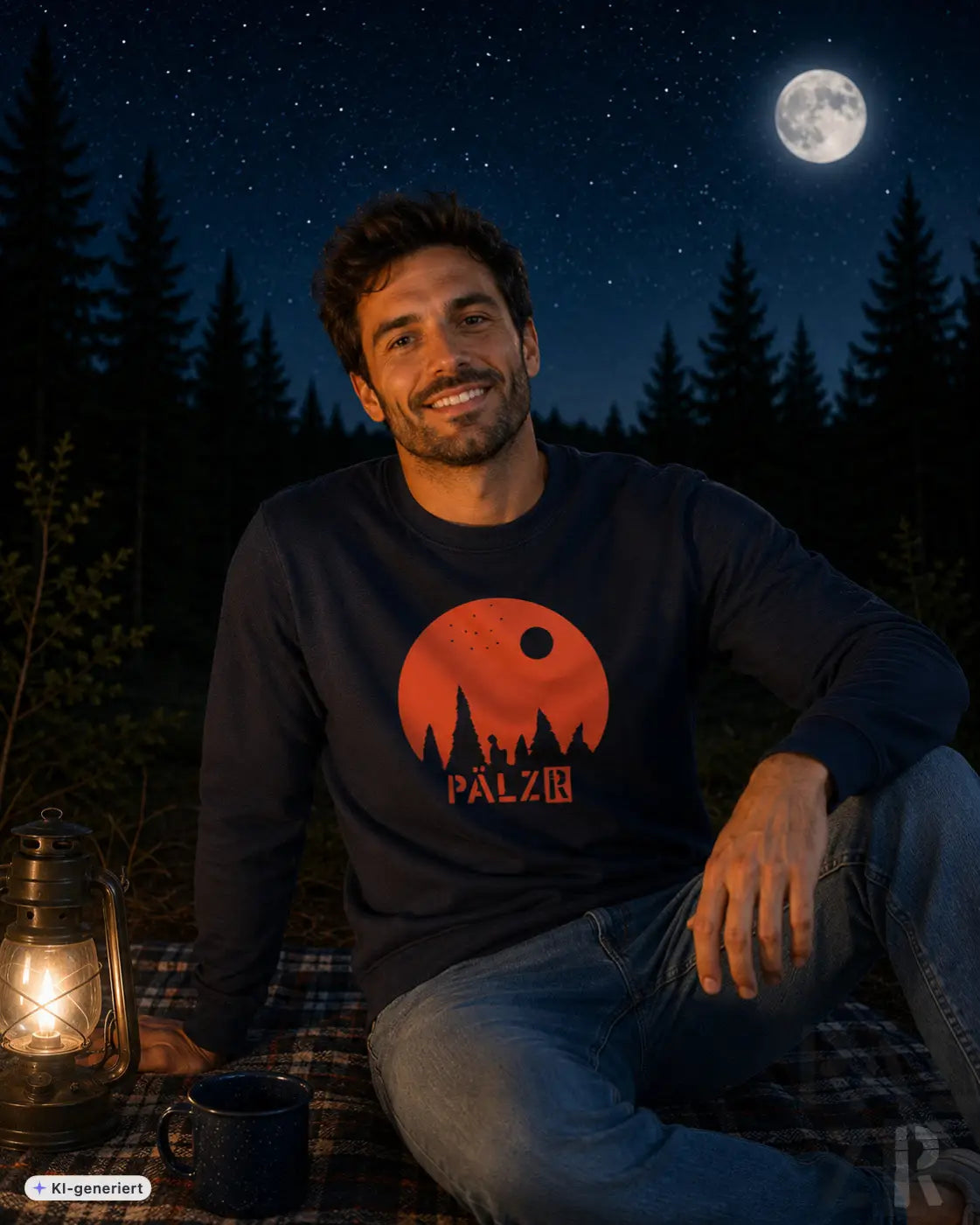 Männer navy pullover mit langärmeln und orangefarbenem kreisgrafik mit bäumen und schriftzug pälz