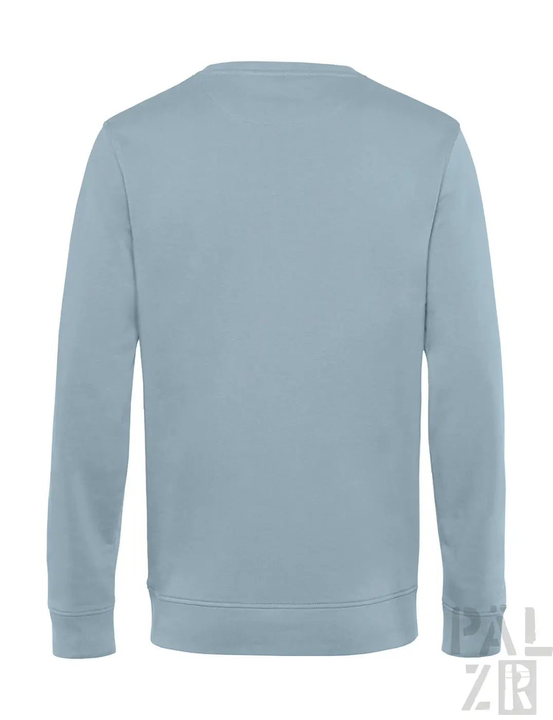 Ein hellblauer männer pullover aus weichem, glattem stoff mit rundhalsausschnitt und schlichter optik