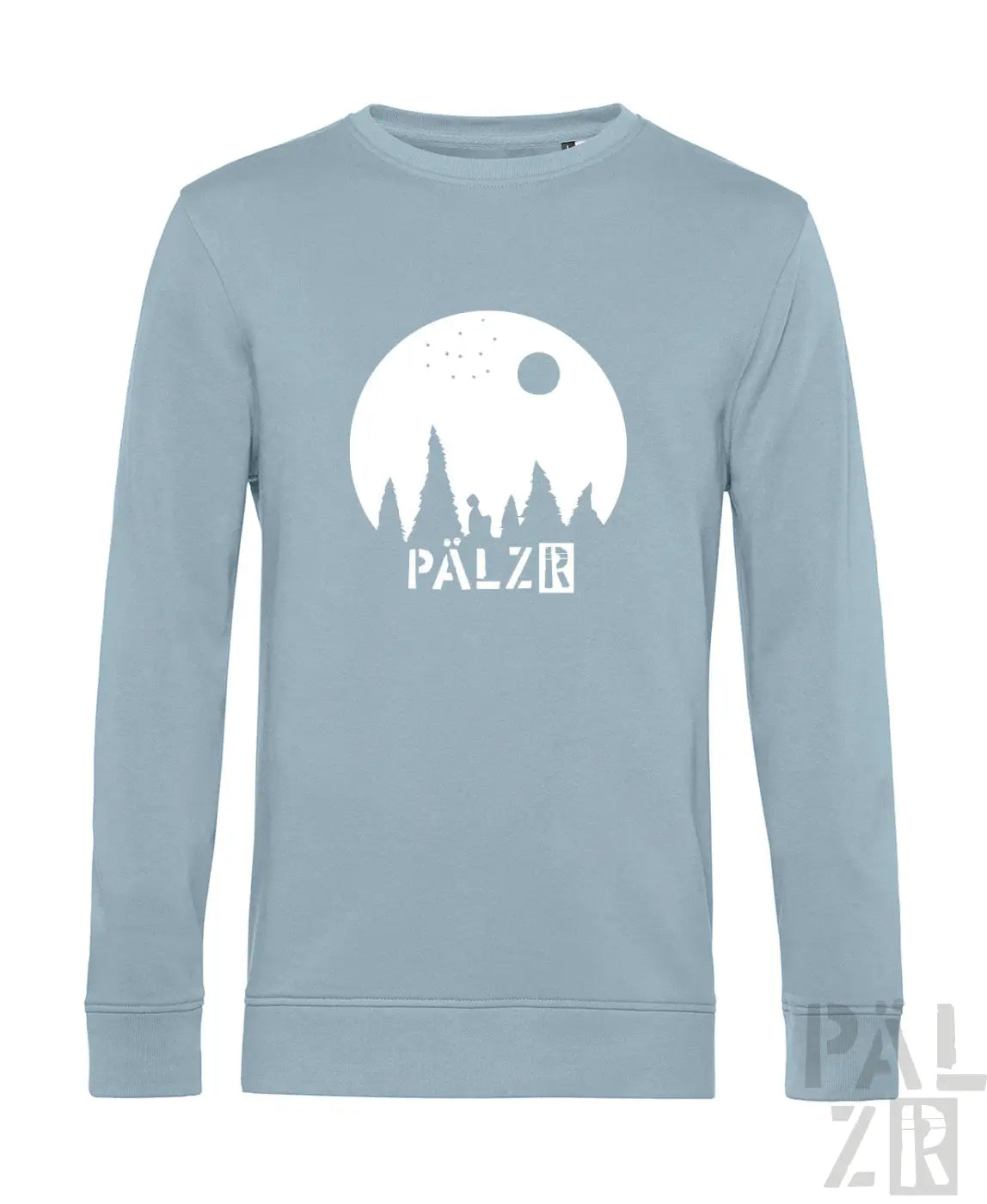 Hellblauer männer pullover sternegugger mit weißem mond baum motiv und pälzr schriftzug vorne