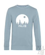 Hellblauer männer pullover sternegugger mit weißem mond baum motiv und pälzr schriftzug vorne