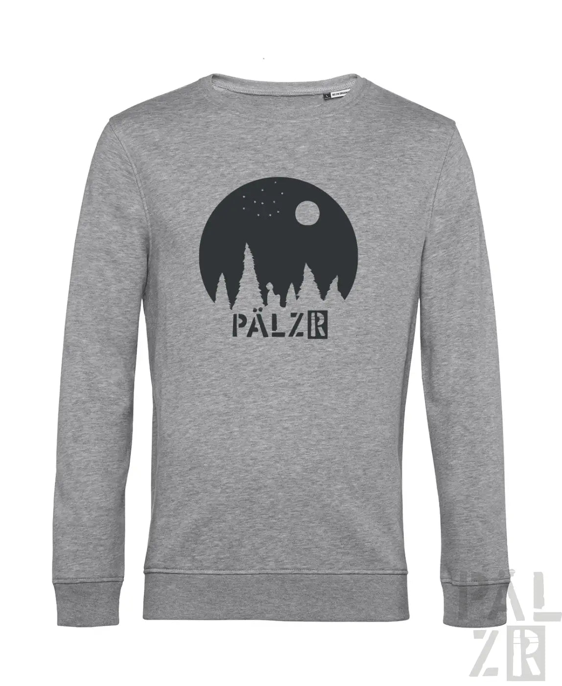 Grauer heathered männer pulli mit schwarzem mondlicht-waldgrafik und pälzr-print in verschiedenen farben