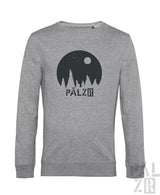 Grauer heathered männer pulli mit schwarzem mondlicht-waldgrafik und pälzr-print in verschiedenen farben