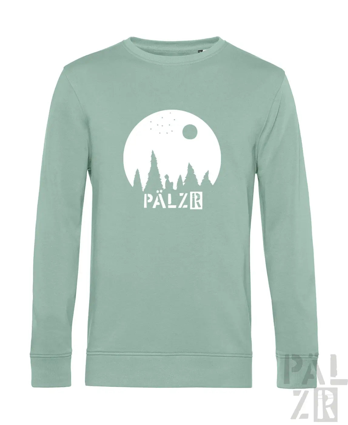 Mintgrüner männer pullover langarm mit weißem kreisgrafik baumsilhouetten und pälzr text vorne