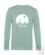 Mintgrüner männer pullover langarm mit weißem kreisgrafik baumsilhouetten und pälzr text vorne