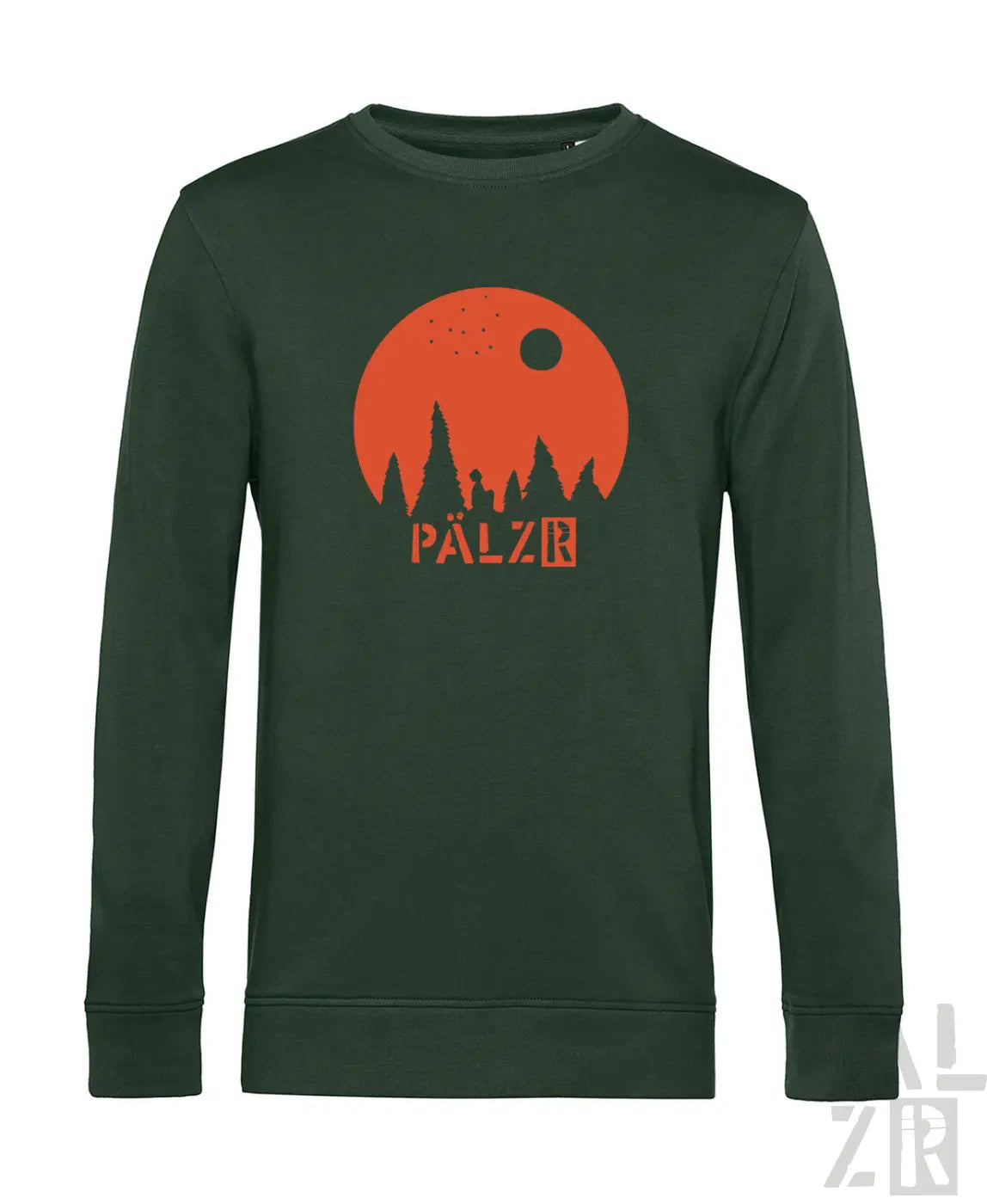 Dunkelgrüner männerpullover langarm mit orangefarbenem kreisgrafik mit bäumen und pälzr schriftzug darunter