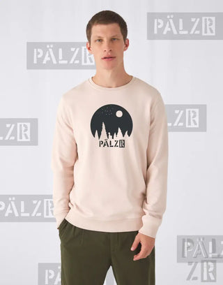 Beige Crewneck-Sweatshirt mit schwarzem Grafikdesign, das eine Skyline und das Wort ’palz’ in fetten Buchstaben zeigt.