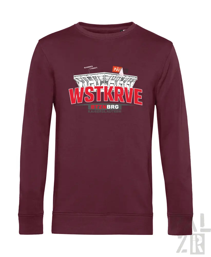 Maroon langarm-pullover mit stadion-grafik und fettem roten schriftzug auf der brust aus der männer wstkrve kollektion