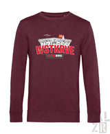Maroon langarm-pullover mit stadion-grafik und fettem roten schriftzug auf der brust aus der männer wstkrve kollektion