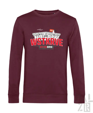 Maroon langarm-pullover mit stadion-grafik und fettem roten schriftzug auf der brust aus der männer wstkrve kollektion