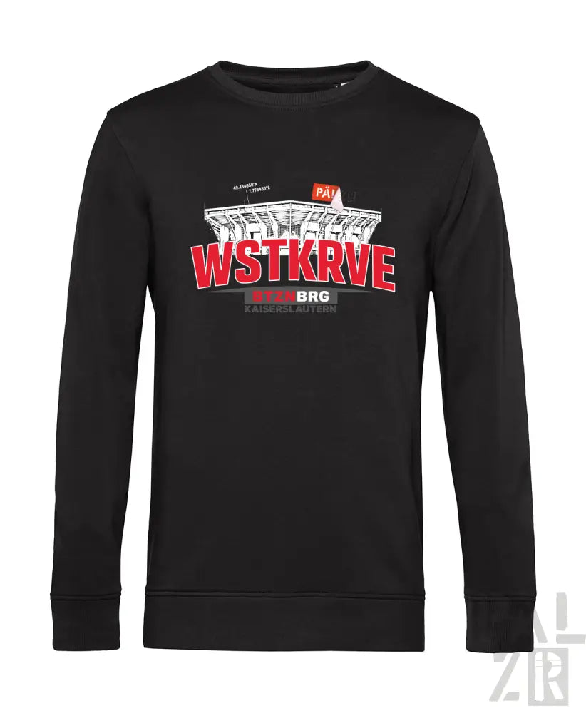 Schwarzer männer pullover mit langärmeln und rotem weißem wstkrve stadion grafik und kaiserslautern schriftzug