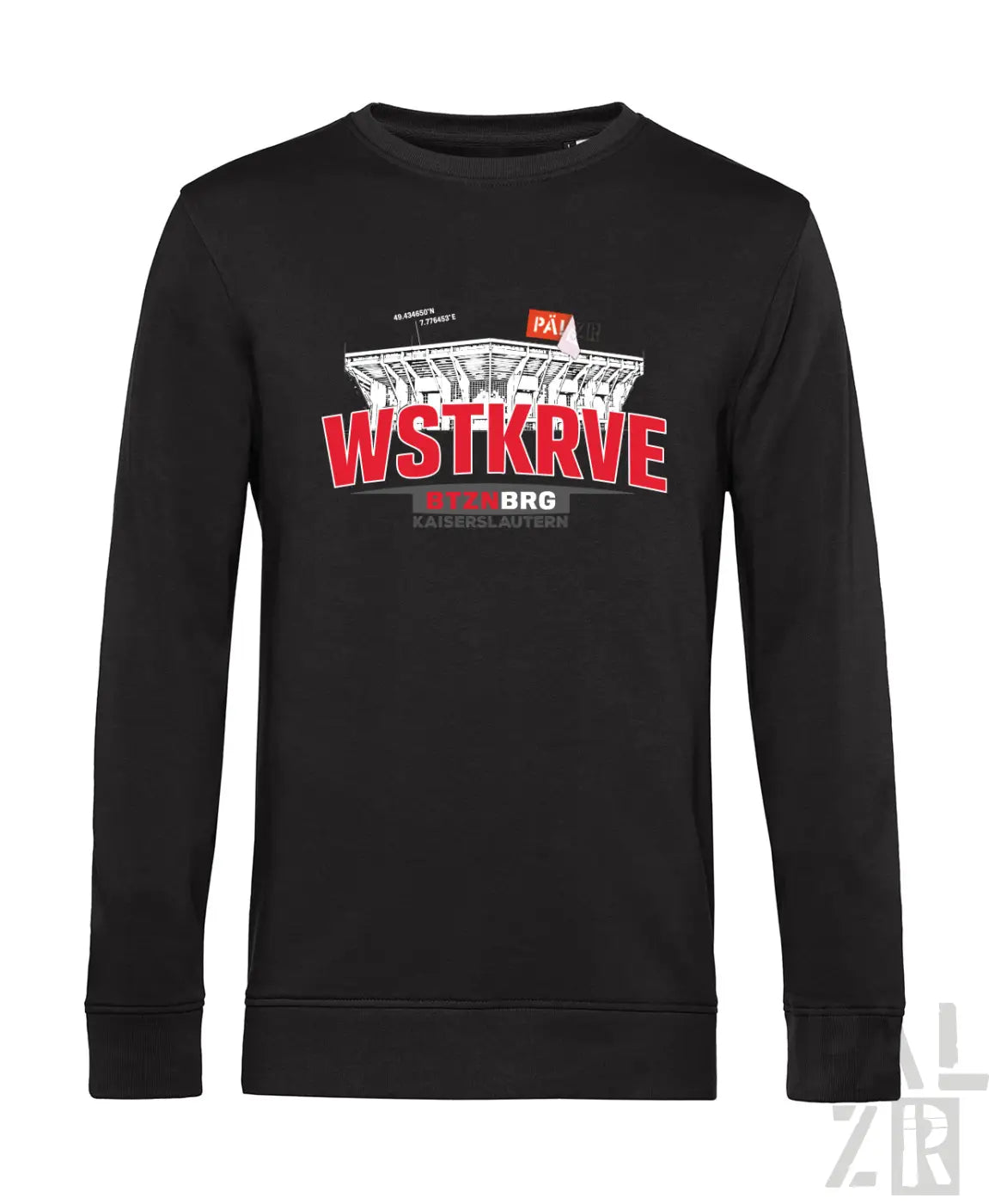 Schwarzer männer pullover mit langärmeln und rotem weißem wstkrve stadion grafik und kaiserslautern schriftzug