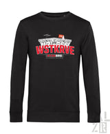 Schwarzer männer pullover mit langärmeln und rotem weißem wstkrve stadion grafik und kaiserslautern schriftzug