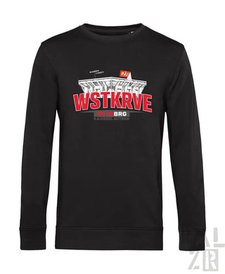 Schwarzer männer pullover mit langärmeln und rotem weißem wstkrve stadion grafik und kaiserslautern schriftzug