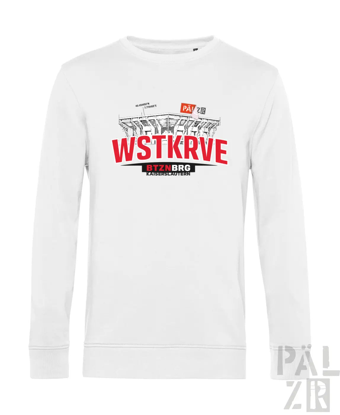 Weißes herren sweatshirt mit roten und schwarzen grafikdruck des kaiserslautern stadions und wstkrve schriftzug