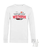 Weißes herren sweatshirt mit roten und schwarzen grafikdruck des kaiserslautern stadions und wstkrve schriftzug
