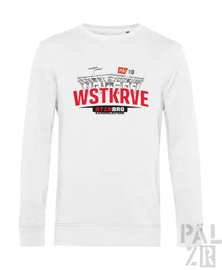 Weißes herren sweatshirt mit roten und schwarzen grafikdruck des kaiserslautern stadions und wstkrve schriftzug
