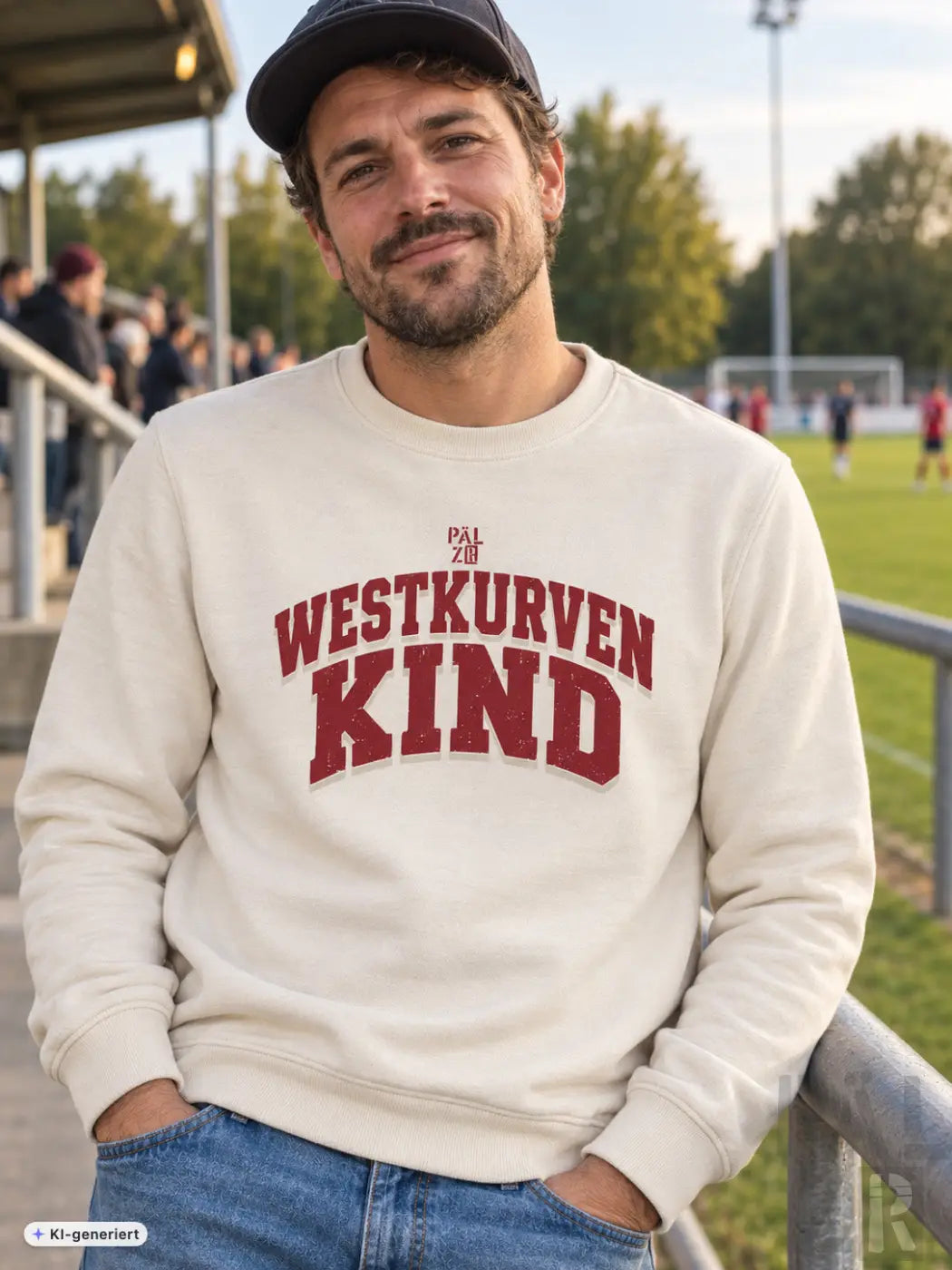Creamfarbenes baumwoll sweatshirt männer mit roter bold westkurvenkind schrift auf der brust