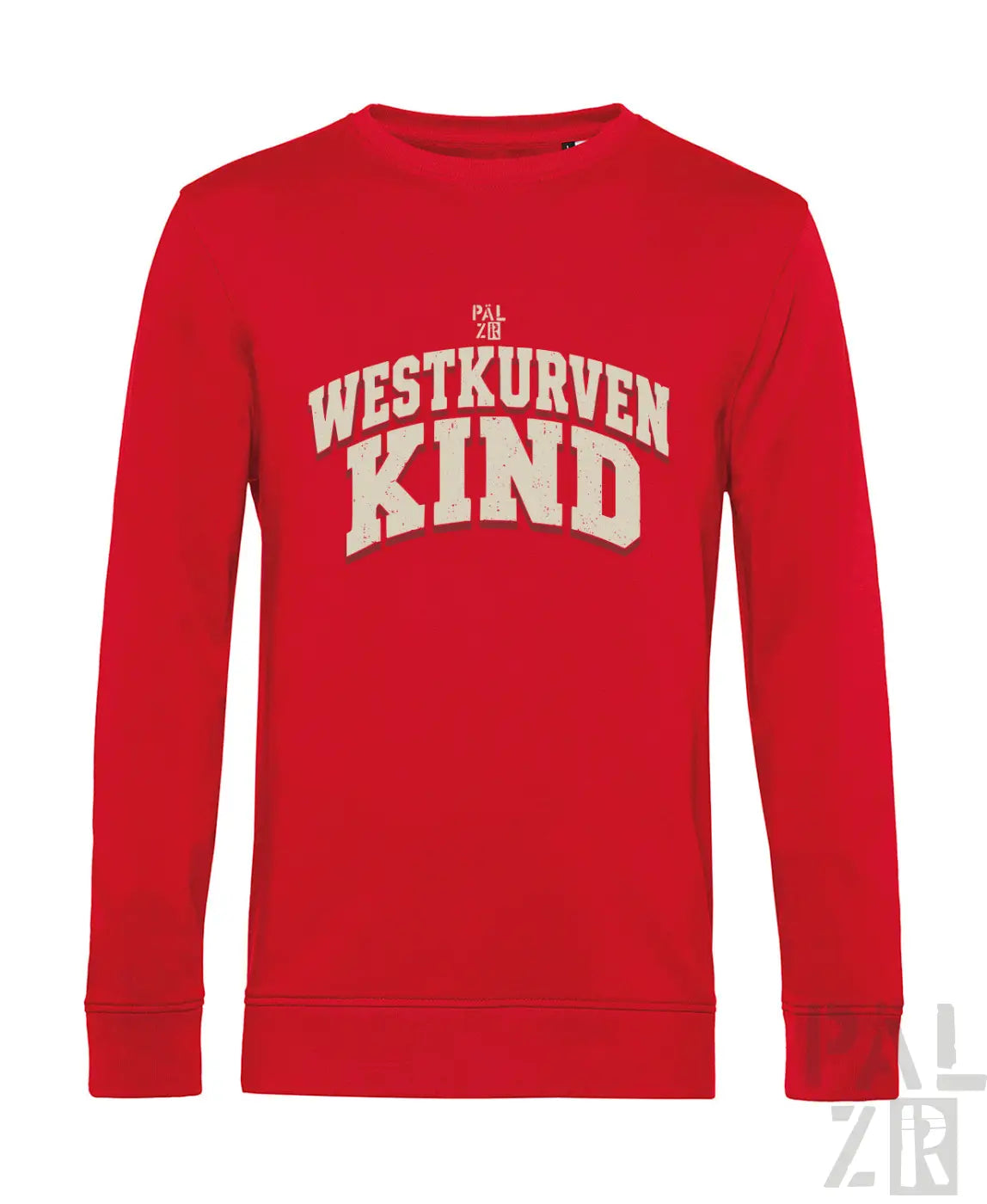 Rotes herrensweatshirt mit langen ärmeln und cremefarbenem westkurvenkind schriftzug auf der brust