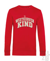 Rotes herrensweatshirt mit langen ärmeln und cremefarbenem westkurvenkind schriftzug auf der brust