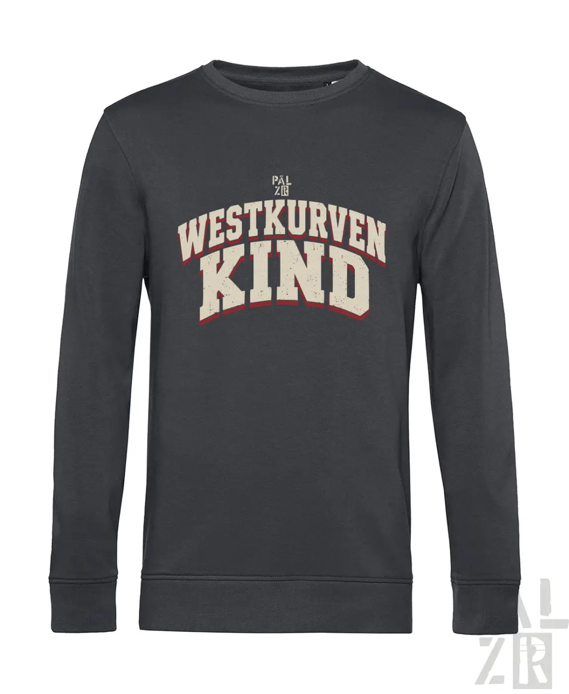 Darkgraues herren sweatshirt mit langen ärmeln und verwaschenem cream und rotem westkurvenkind logo