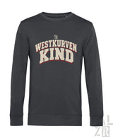Darkgraues herren sweatshirt mit langen ärmeln und verwaschenem cream und rotem westkurvenkind logo