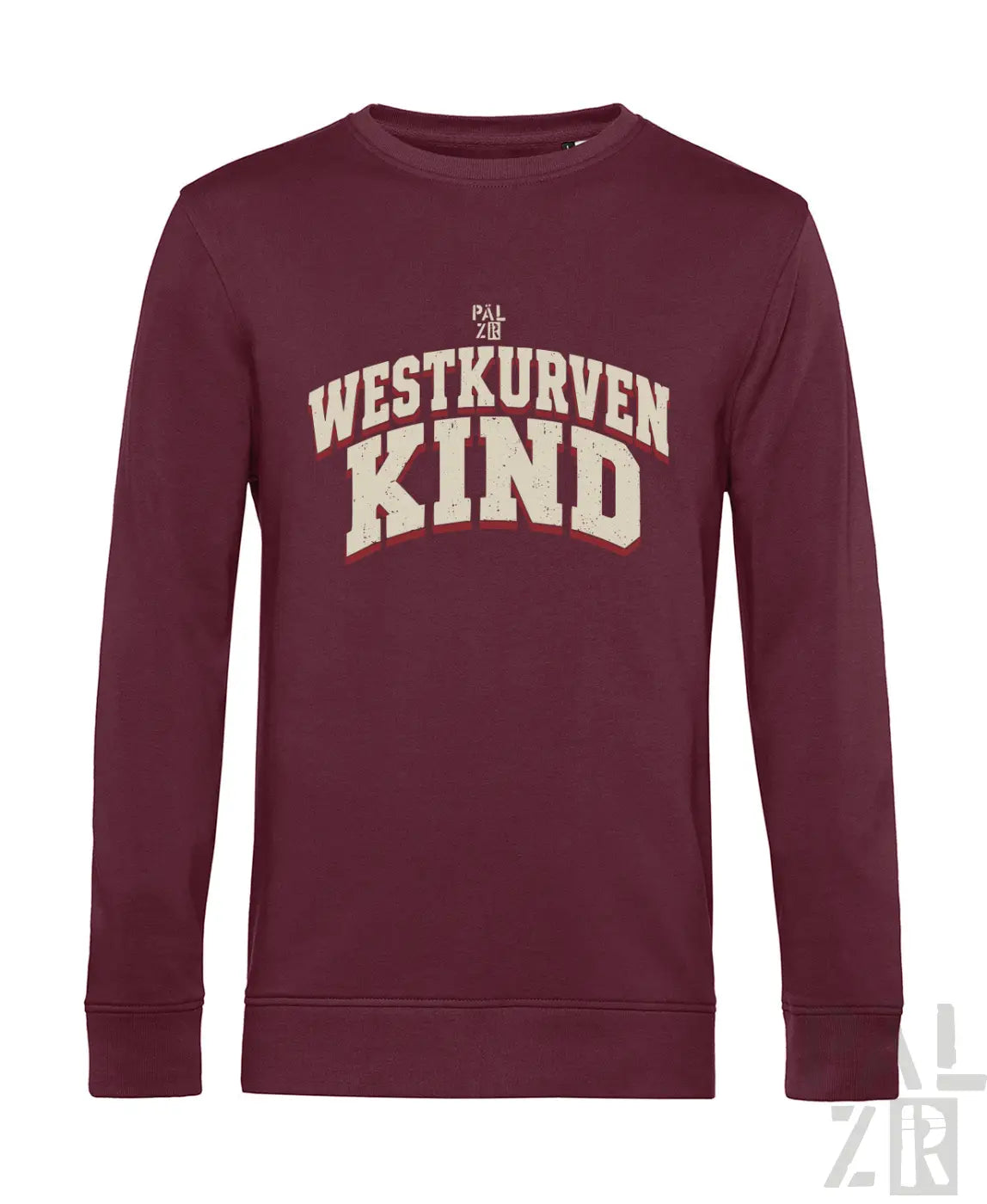 Männer sweatshirt westkurvenkind in bordeaux mit cremefarbenem westkurven kind schriftzug und kleinem pal zig logo