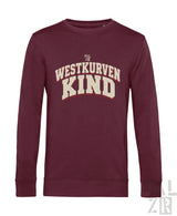 Männer sweatshirt westkurvenkind in bordeaux mit cremefarbenem westkurven kind schriftzug und kleinem pal zig logo