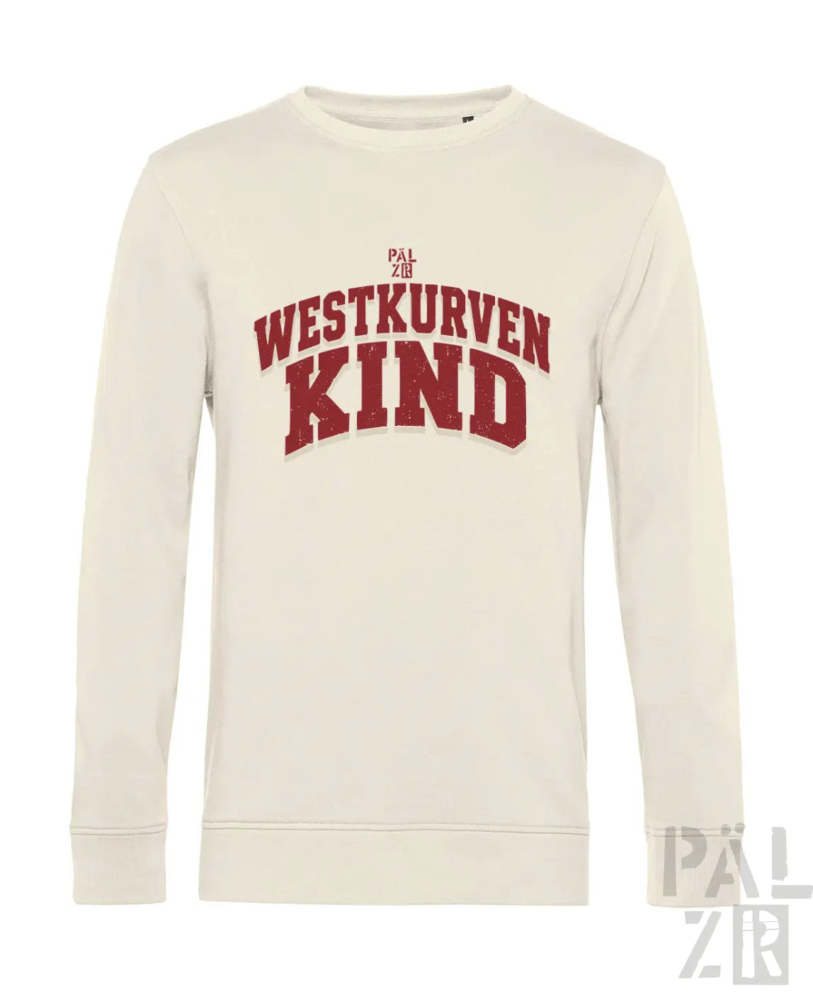 Männer sweatshirt in cremefarben mit langärmligem design und roter westkurvenkind schrift auf der brust