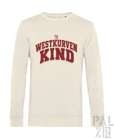 Männer sweatshirt in cremefarben mit langärmligem design und roter westkurvenkind schrift auf der brust