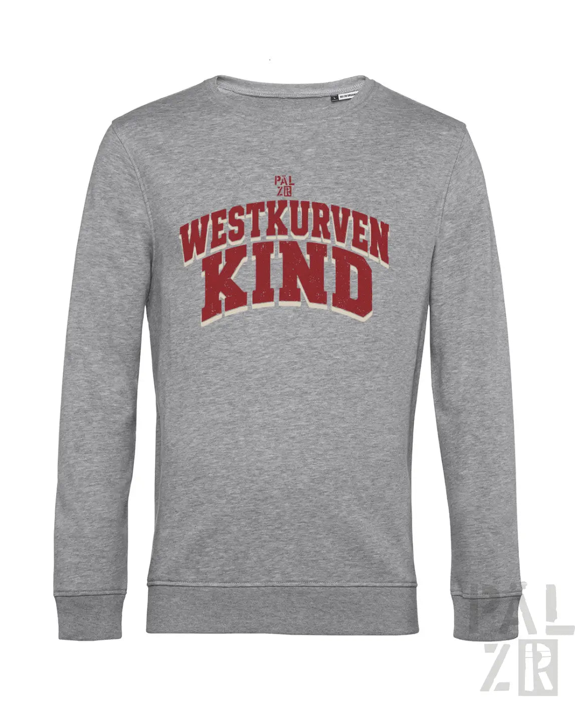Männer sweatshirt in grauem melierte, langärmlig mit rotem und cremefarbenem westkurvenkind schriftzug