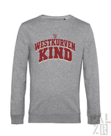 Männer sweatshirt in grauem melierte, langärmlig mit rotem und cremefarbenem westkurvenkind schriftzug