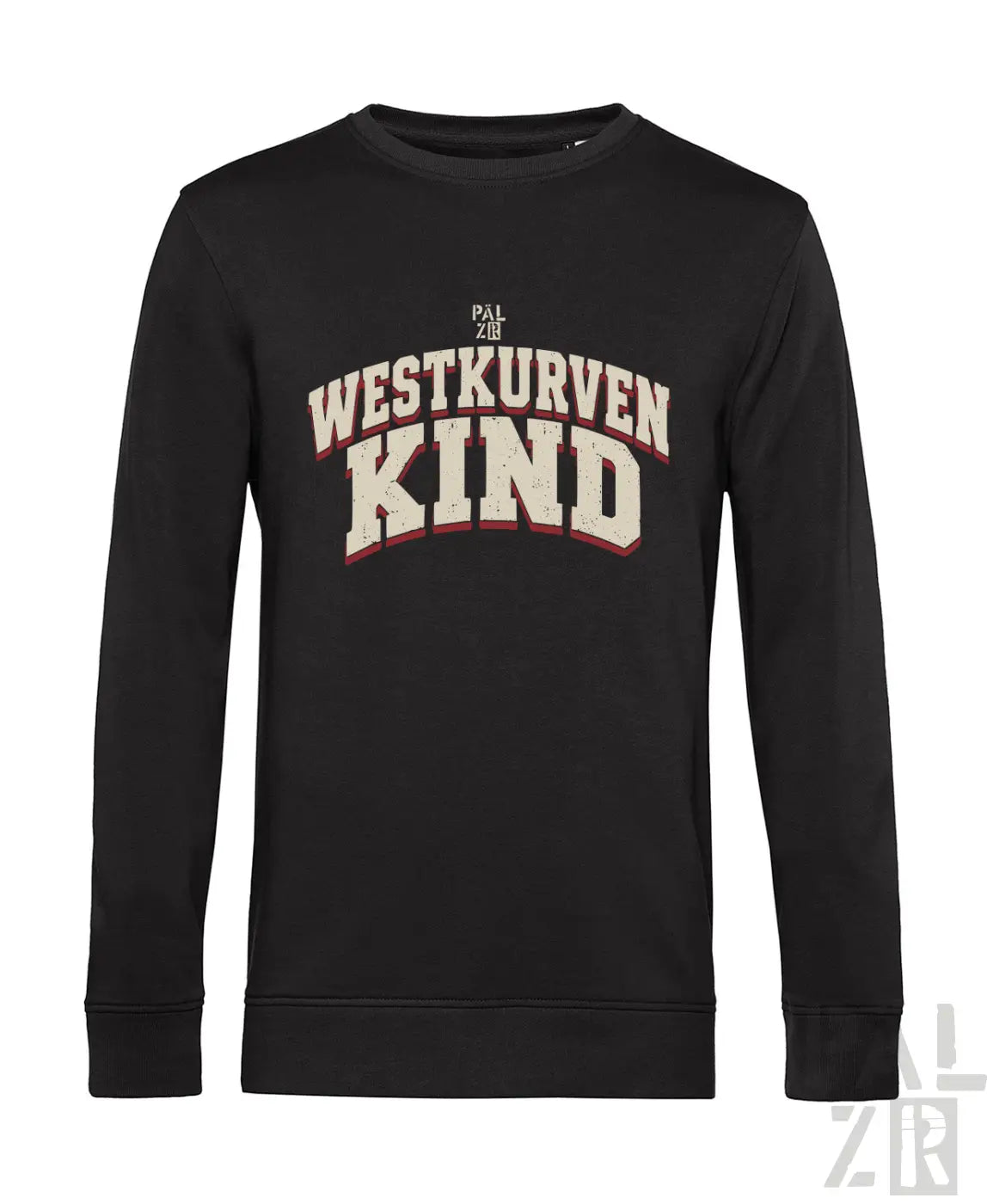 Schwarzes männer sweatshirt mit langärmeln und distressed cream und rotem westkurvenkind grafikprint vorne