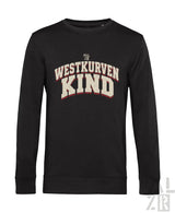 Schwarzes männer sweatshirt mit langärmeln und distressed cream und rotem westkurvenkind grafikprint vorne