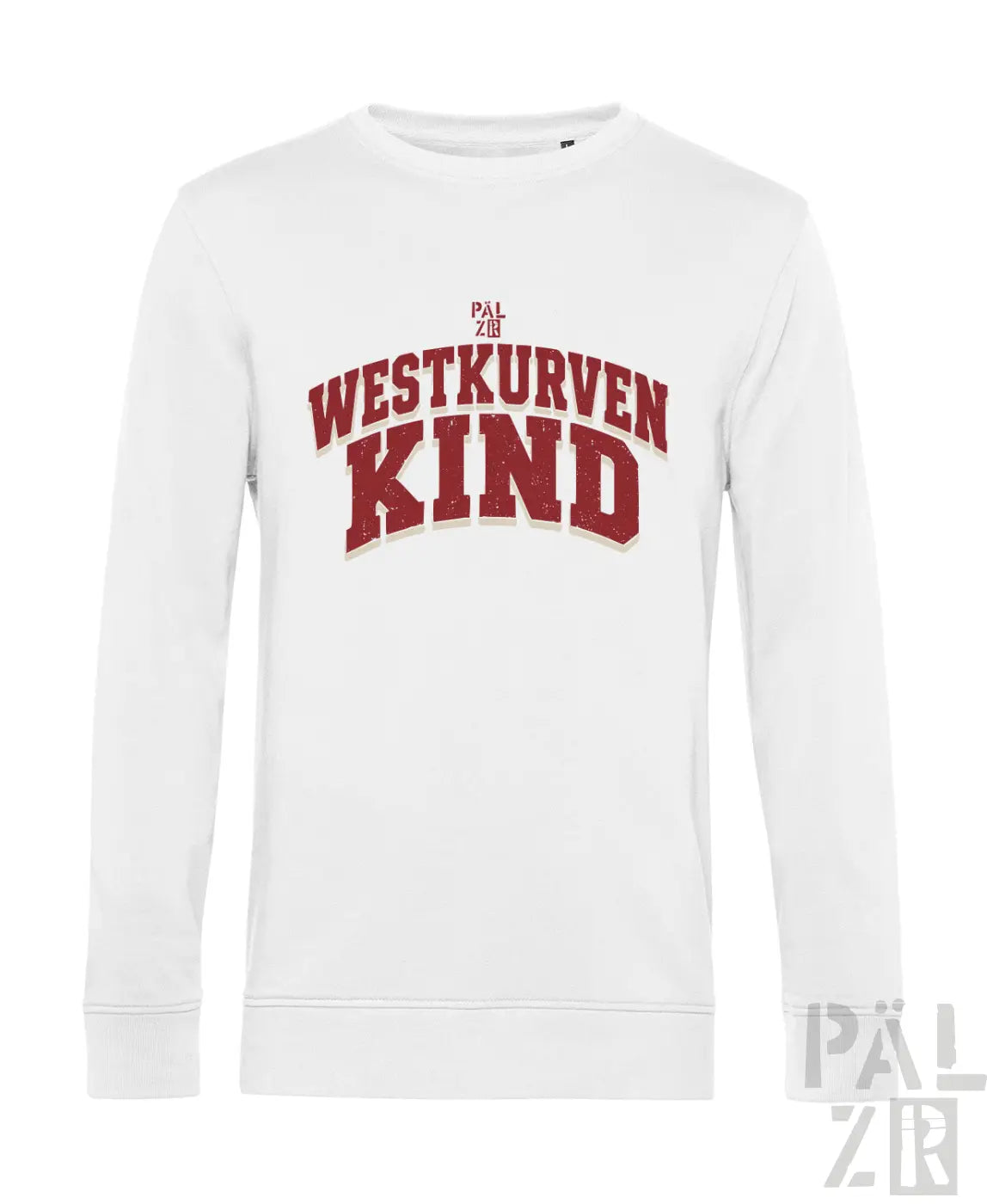 Weißes männer sweatshirt mit langarm und rotem westkurvenkind print in gebogenem vintage schriftzug