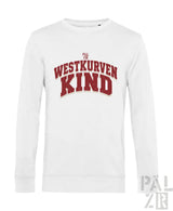 Weißes männer sweatshirt mit langarm und rotem westkurvenkind print in gebogenem vintage schriftzug
