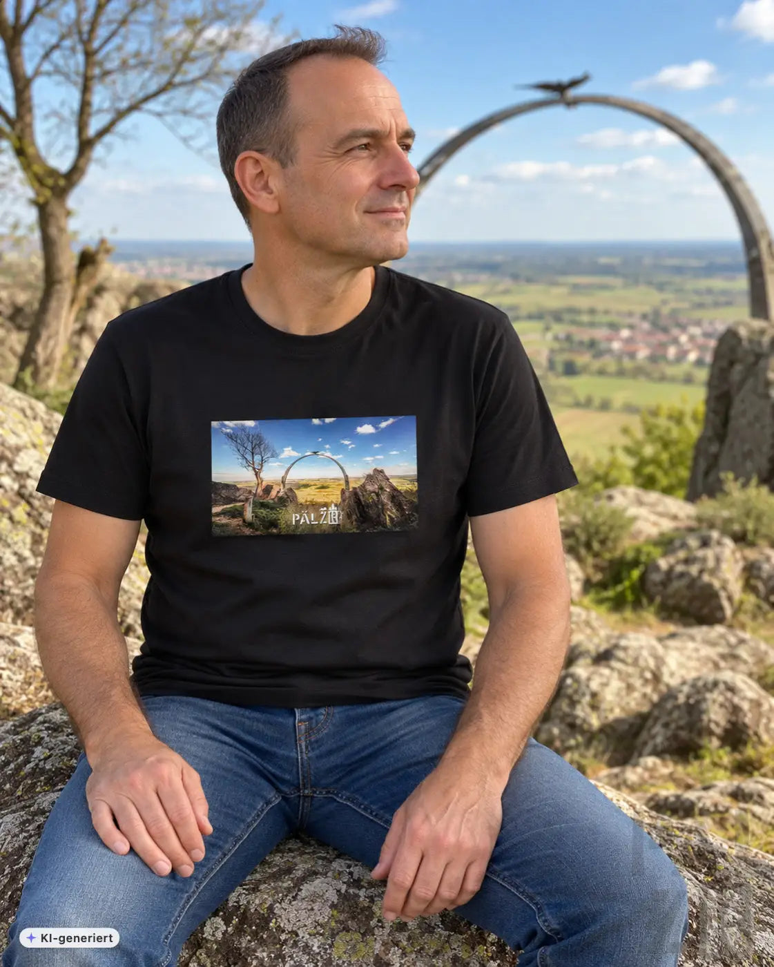 Schwarzes männer t-shirt aus baumwolle mit rechteckigem print eines landschaftsbilds und adlerbogen und pal züll text