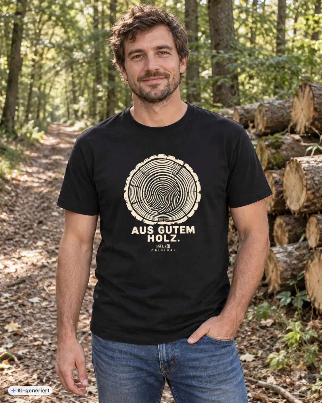 Schwarzes männer t-shirt aus baumwolle mit weißem holzmaserung kreisdesign und text aus gutem holz palze original