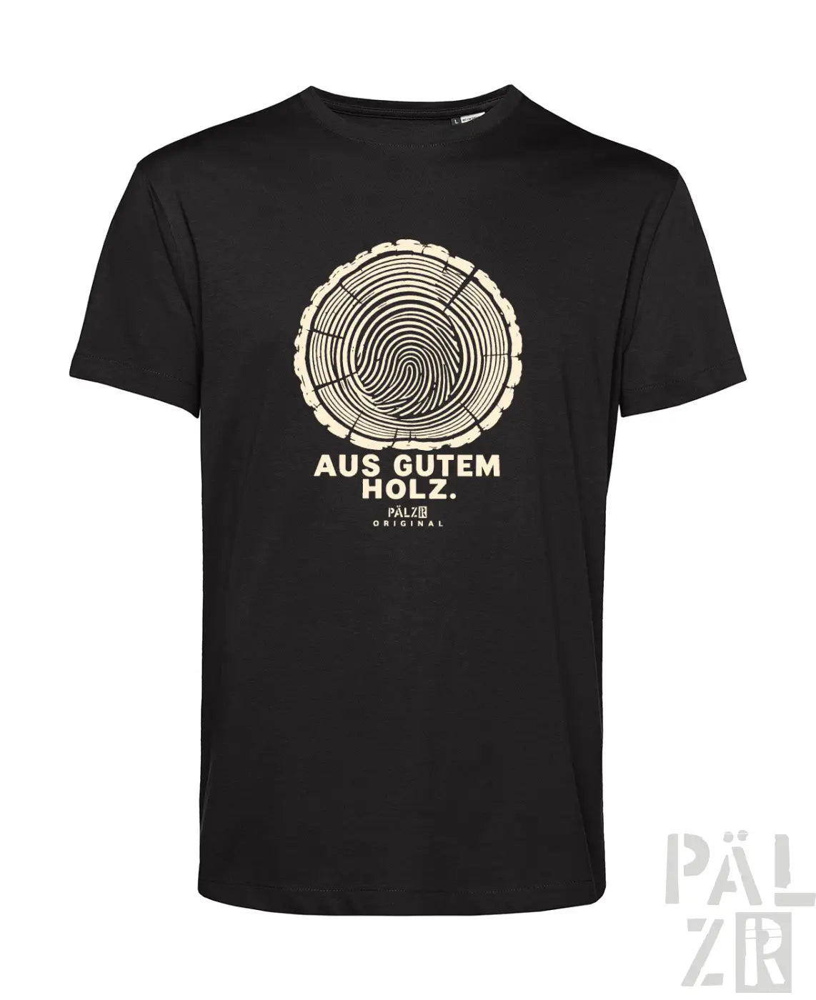 Schwarzes männer t-shirt mit kurzärmeln und cremefarbener holzmaserung samt aufdruck aus gutem holz palz original