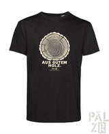 Schwarzes männer t-shirt mit kurzärmeln und cremefarbener holzmaserung samt aufdruck aus gutem holz palz original