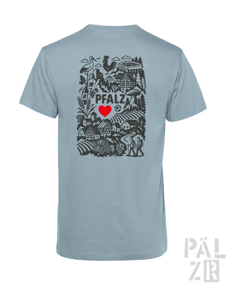 Hellblaues T-Shirt mit schwarzem und rotem Design, das den Text ’pfalz’, ein Herzsymbol und verschiedene Illustrationen zeigt.